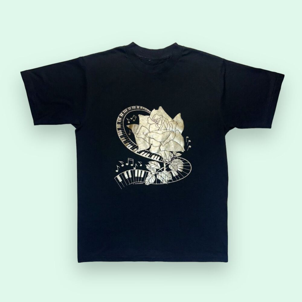 Vintage 80s Single Stitch T-Shirt ScreenStars Gold Rose Piano Keys Graphic Tee